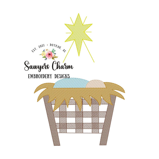 Gingham Baby Jesus Nativity scene, Bethlehem star sketch stitch machine embroidery design file, manger, Merry Christmas, O Holy Night