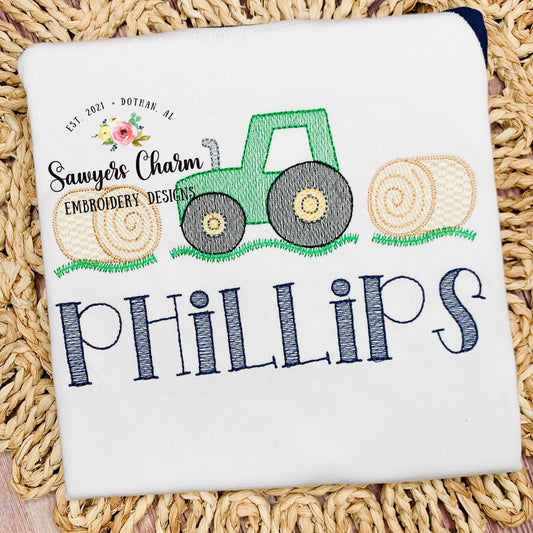 BUNDLE Tractor hay bale trio sketch stitch machine embroidery design file, bean stitch, farming, harvest, dirt hauler, transportation, bow