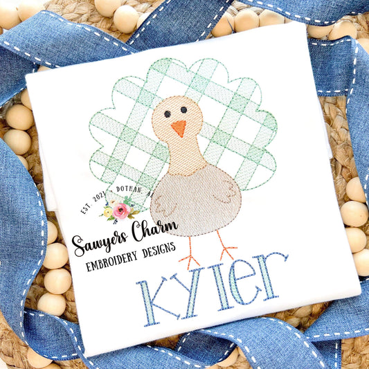 BUNDLE Gingham turkey with & without bow, sketch stitch embroidery design file, fall, thanksgiving, gobble, plaid check, quick stitch