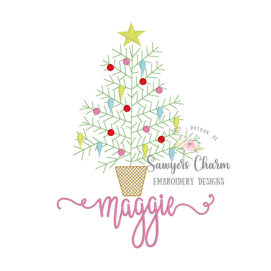 Christmas tree in basket, ornaments, star bean stitch machine embroidery design file, quick stitch, happy holidays, whimsical, elegant