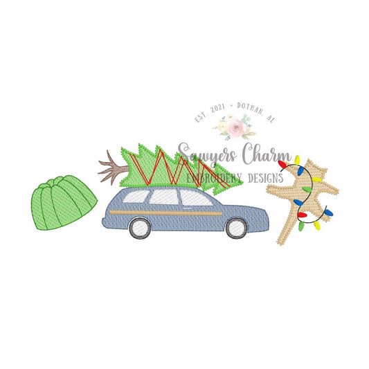Christmas vacation sketch stitch trio machine embroidery design file, station wagon, tree, jello, cat, christmas lights, quick stitch