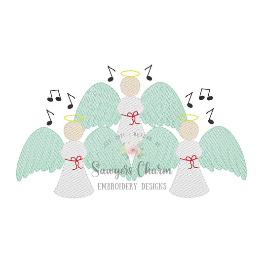 Christmas angels trio sketch stitch machine embroidery design file, bean stitch details, happy holidays, Merry Christmas, quick stitch