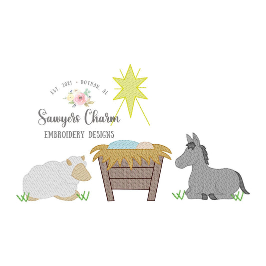 Baby Jesus Nativity scene, Bethlehem star, donkey, sheep sketch stitch machine embroidery design file, bean stitch details, Merry Christmas