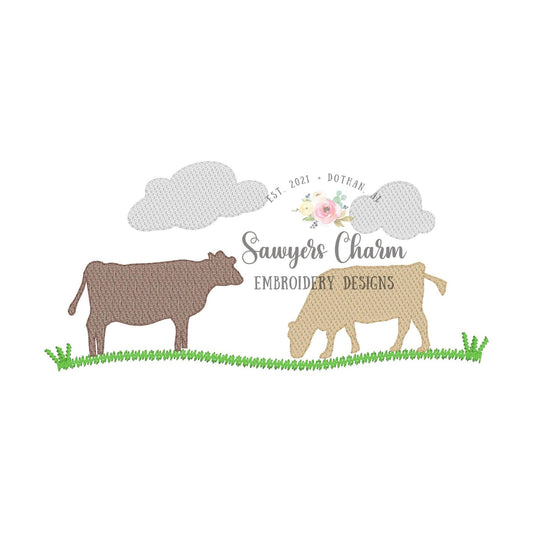 Cows in field with/without clouds sketch stitch machine embroidery design file, quick stitch, bean stitch, farm animals, farm barnyard