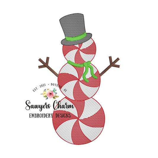 Peppermint snowman sketch stitch/bean stitch machine embroidery design file, quick stitch, Christmas, holidays, winter, jolly, top hat
