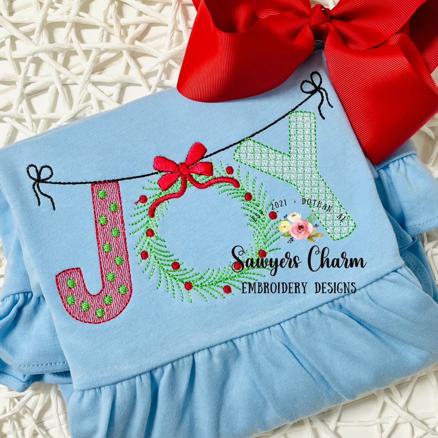 Christmas JOY wreath with bow bunting banner decorative sketch stitch, machine embroidery design file, bean stitch, satin stitch, holidays