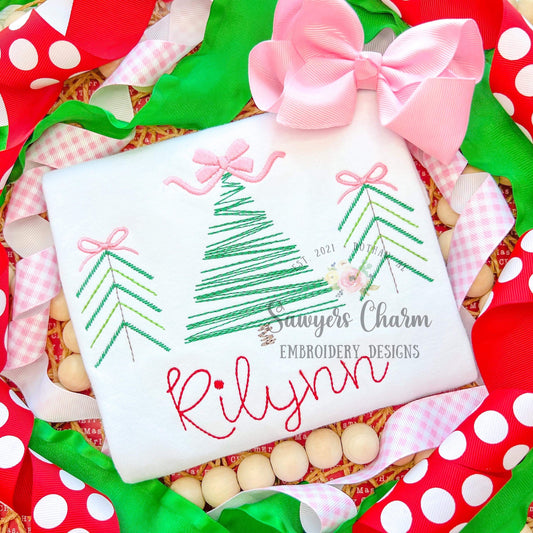 BUNDLE Christmas trees with bows & star vintage bean stitch sketch machine embroidery design file, quick stitch, holidays, font not included