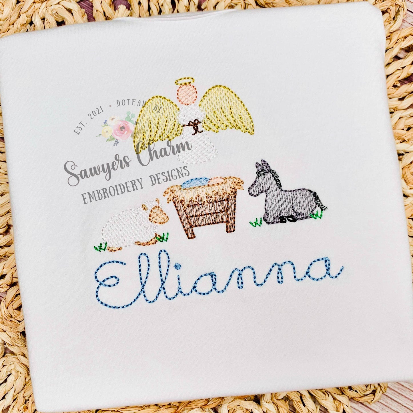 Baby Jesus Nativity scene, angel, donkey, sheep sketch stitch machine embroidery design file, bean stitch details, Merry Christmas holiday