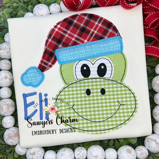 Christmas/holiday Santa dinosaur holly jolly face bean stitch machine applique design embroidery file, quick stitch