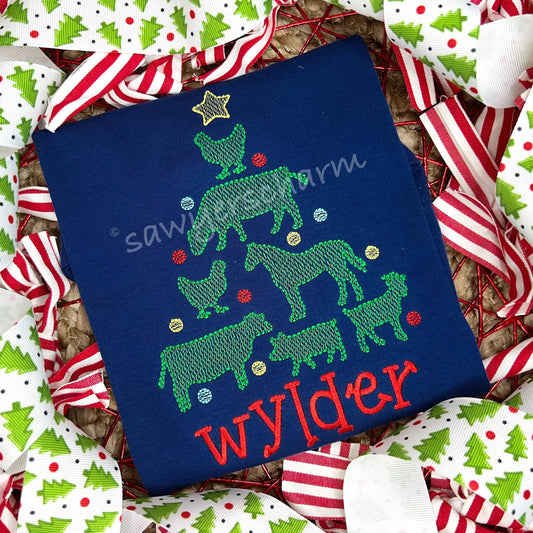 Farm animals Christmas tree with star sketch stitch machine embroidery design file, quick stitch, happy holidays, livestock, ornaments, cow