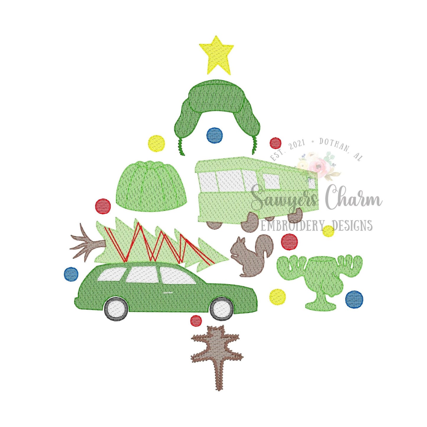 Christmas vacation tree sketch stitch machine embroidery design file, station wagon, tree, jello, cat, ornaments, quick stitch, RV camper