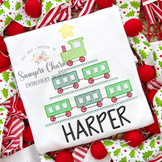 Christmas tree train & star sketch stitch machine embroidery design file quick stitch, happy holidays, steam engine caboose, Merry Christmas