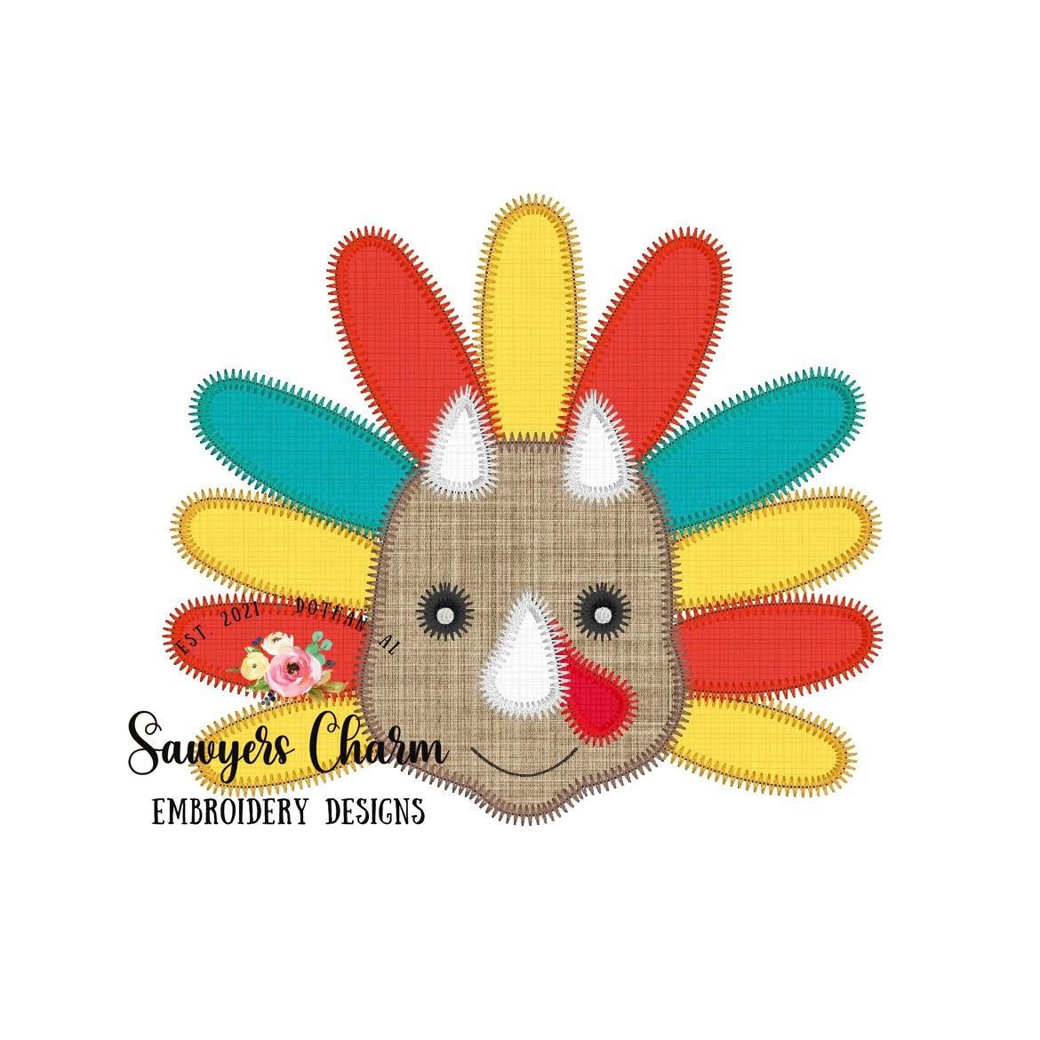 BUNDLE Turkey triceratops zigzag & bean stitch applique machine embroidery design file, dino, quick stitch, fall thanksgiving, dinosaur