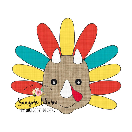 BUNDLE Turkey triceratops zigzag & bean stitch applique machine embroidery design file, dino, quick stitch, fall thanksgiving, dinosaur
