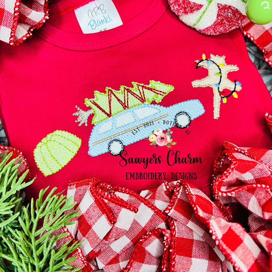 Christmas vacation sketch stitch trio machine embroidery design file, station wagon, tree, jello, cat, christmas lights, quick stitch