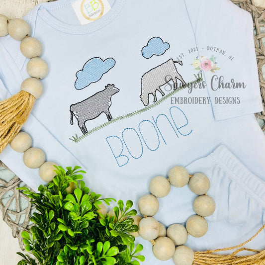 Cows in field with/without clouds light sketch/watercolor stitch machine embroidery design file, quick stitch, bean stitch, farm animals