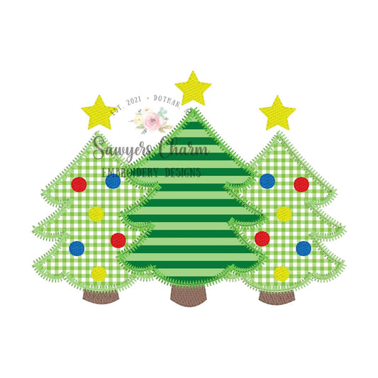 BUNDLE Christmas tree trio with bows & stars zigzag stitch machine applique, embroidery design file, happy holidays boho/woodland ornaments