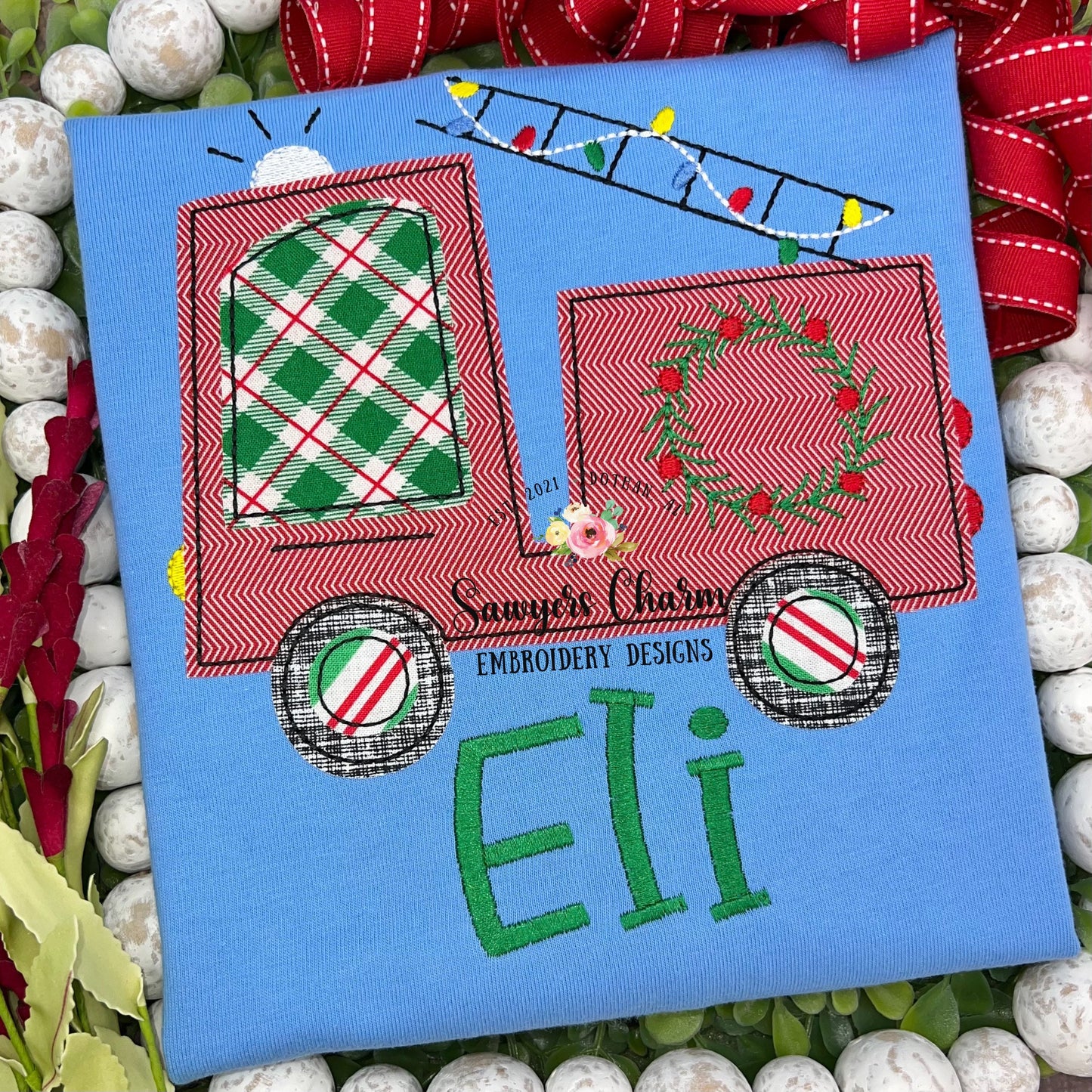 BUNDLE Christmas lights Firetruck zigzag & bean stitch machine applique embroidery file, happy holidays, Merry Christmas, wreath, holly