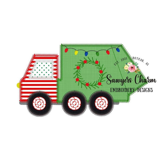 Christmas lights garbage truck zigzag with bean stitch details machine applique embroidery file, happy holidays, Merry Christmas, wreath