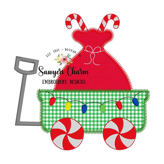 BUNDLE Christmas wagon zigzag & bean stitch machine applique embroidery file, happy holidays, Merry Christmas, Santa sack, candy cane lights