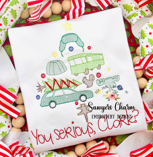 Christmas vacation tree sketch stitch machine embroidery design file, station wagon, tree, jello, cat, ornaments, quick stitch, RV camper