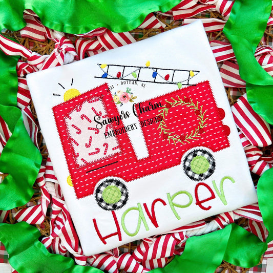 BUNDLE Christmas lights Firetruck zigzag & bean stitch machine applique embroidery file, happy holidays, Merry Christmas, wreath, holly