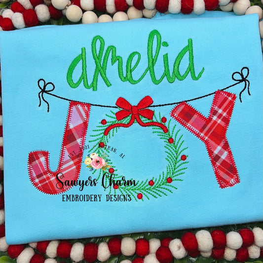 Christmas JOY wreath with bow bunting banner zigzag applique machine embroidery design file, quick stitch, bean stitch, winter holiday
