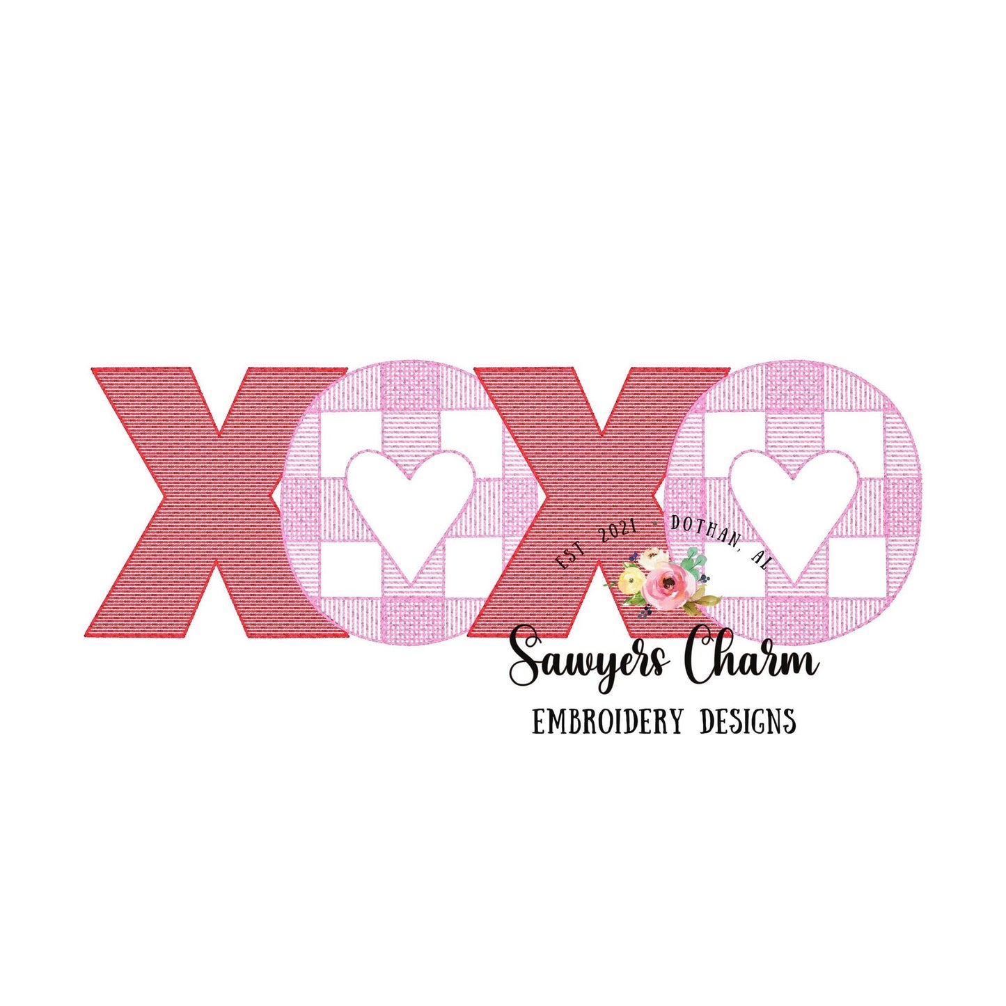 XOXO gingham heart sketch stitch, machine embroidery design file, winter, Valentine's Day, love, hugs and kisses, quick stitch, plaid check