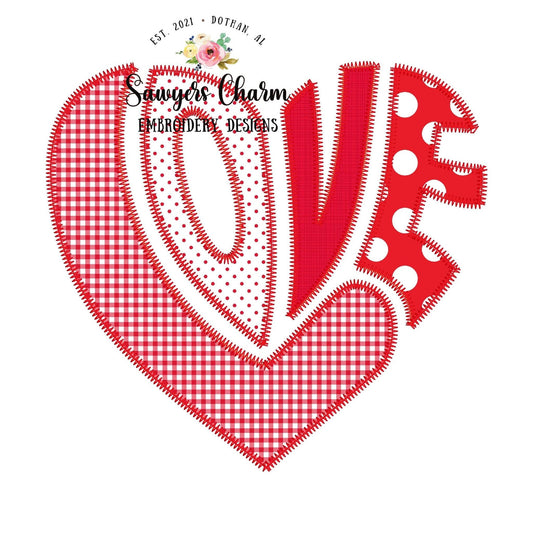 Retro LOVE heart chunky zigzag stitch machine applique embroidery design file, Valentine's Day, love, vintage, quick stitch