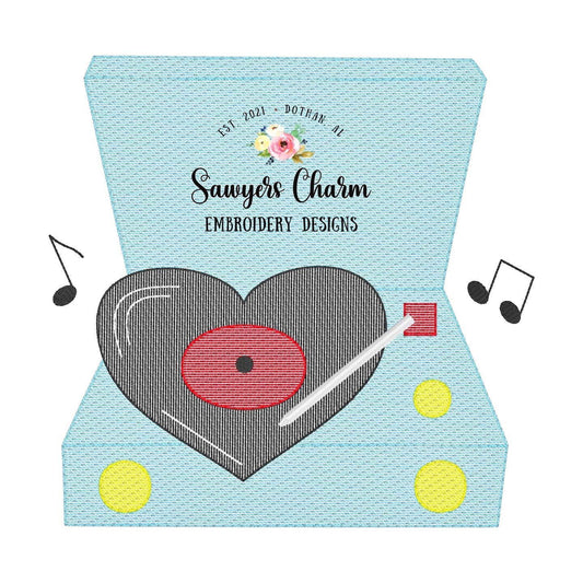 Heart record player sketch stitch machine embroidery design file, Valentine's Day, love, retro vintage, music, quick stitch, turntable