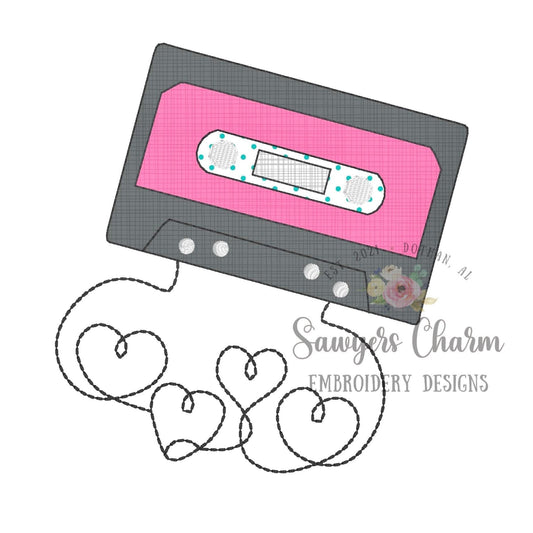 Valentine's Day heart cassette tape bean stitch machine applique embroidery design file, love, retro vintage, music, 80's, rock and roll