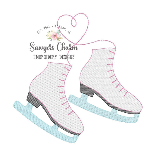 Ice skates with heart strings sketch stitch machine embroidery design file, bean stitch, quick stitch, winter wonderland, love, skating snow