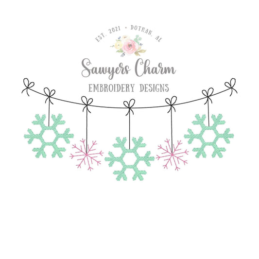 Snowflakes bunting banner with bows sketch stitch machine embroidery design file, bean stitch, quick stitch, winter wonderland, snowfall