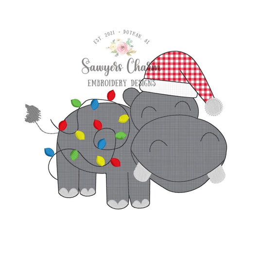 Christmas hippo, santa hat and lights bean stitch applique, machine embroidery design file, quick stitch, holidays, winter, jolly, ho ho ho
