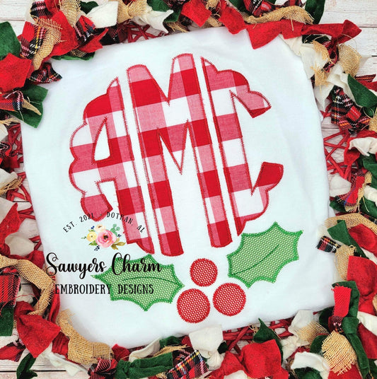 BUNDLE Holly berry bean stitch & zig zag machine applique embroidery design file, quick stitch, Christmas, happy holidays, monogram frame