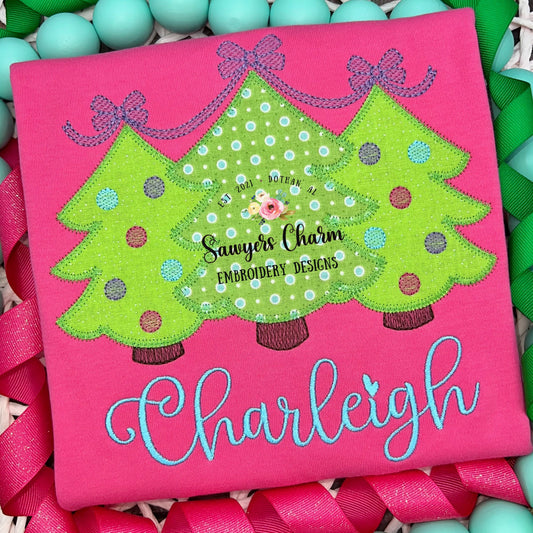 BUNDLE Christmas tree trio with bows & stars zigzag stitch machine applique, embroidery design file, happy holidays boho/woodland ornaments
