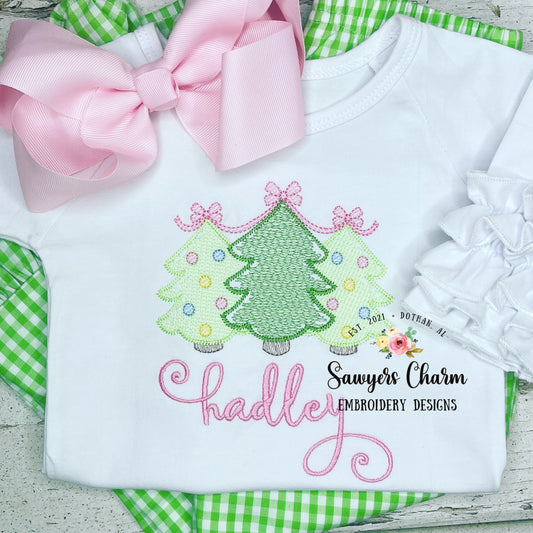 BUNDLE Christmas tree trio with bows & stars watercolor sketch stitch machine embroidery design file, quick stitch holidays boho/woodland