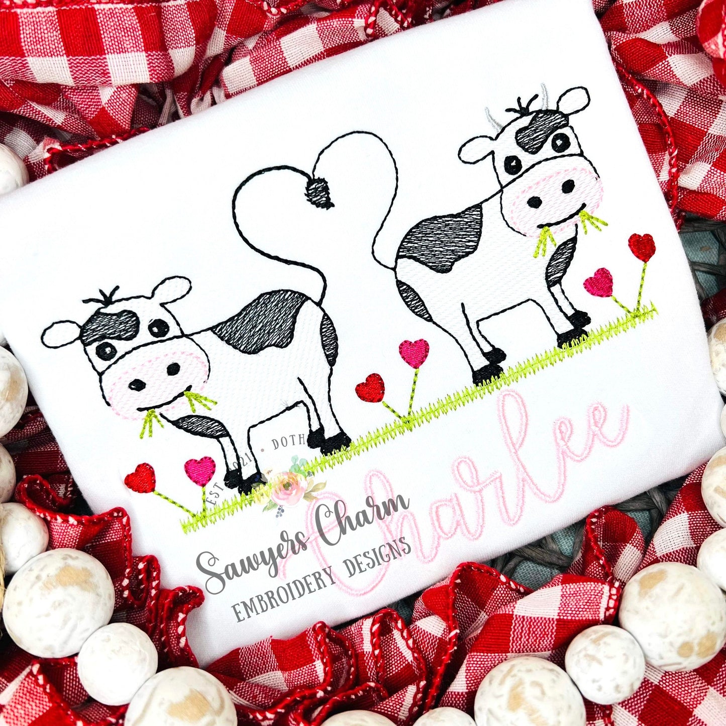 Valentine's Day Cows with hearts/flowers sketch stitch machine embroidery design file, quick stitch, bean stitch, love, farm animals, XOXO