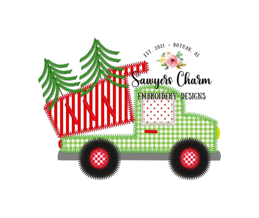 Christmas tree Dump truck, hauler zig zag machine applique embroidery design file, quick stitch, construction vehicle, woodland trees