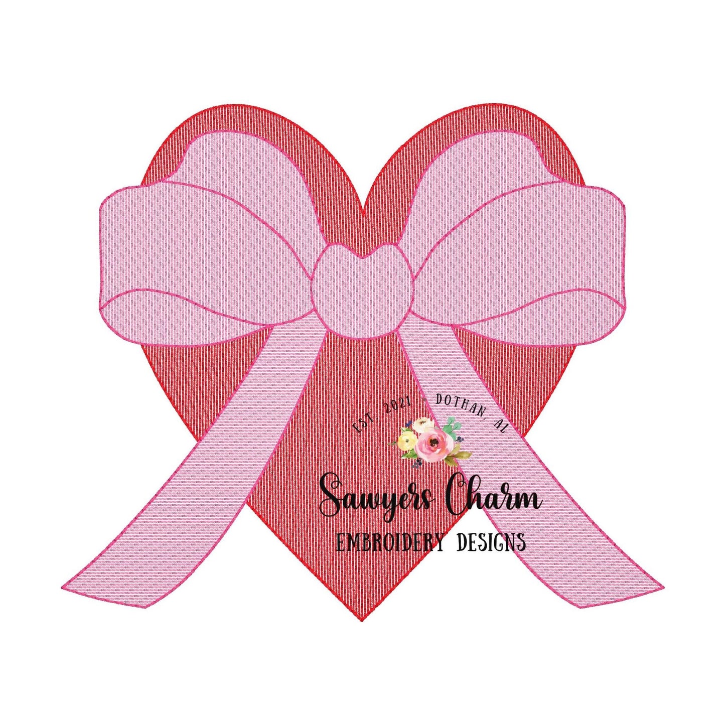 Valentine's Day heart with bow sketch stitch machine embroidery design file, quick stitch, bean stitch details, love, XOXO, hugs & kisses