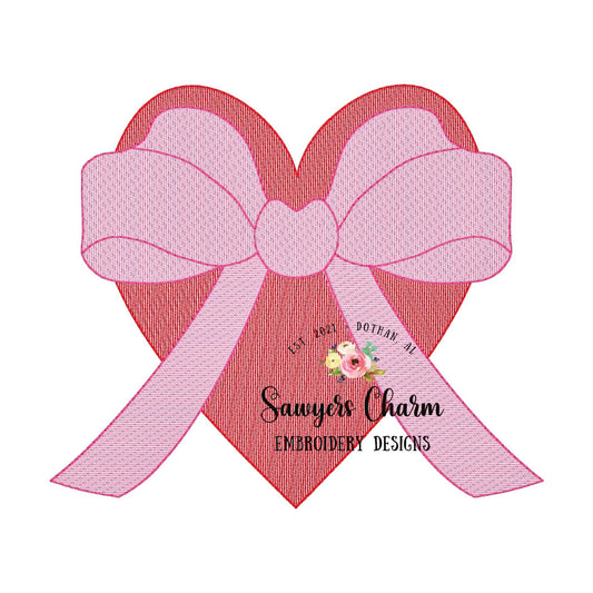 Valentine's Day heart with bow sketch stitch machine embroidery design file, quick stitch, bean stitch details, love, XOXO, hugs & kisses