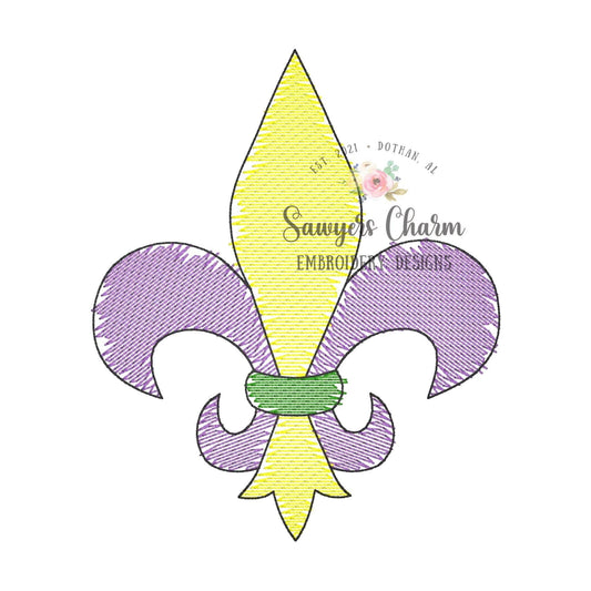 BUNDLE Mardi gras fleur de lis "watercolor" sketch stitch machine embroidery design file, with and without bow, quick stitch, bean stitch