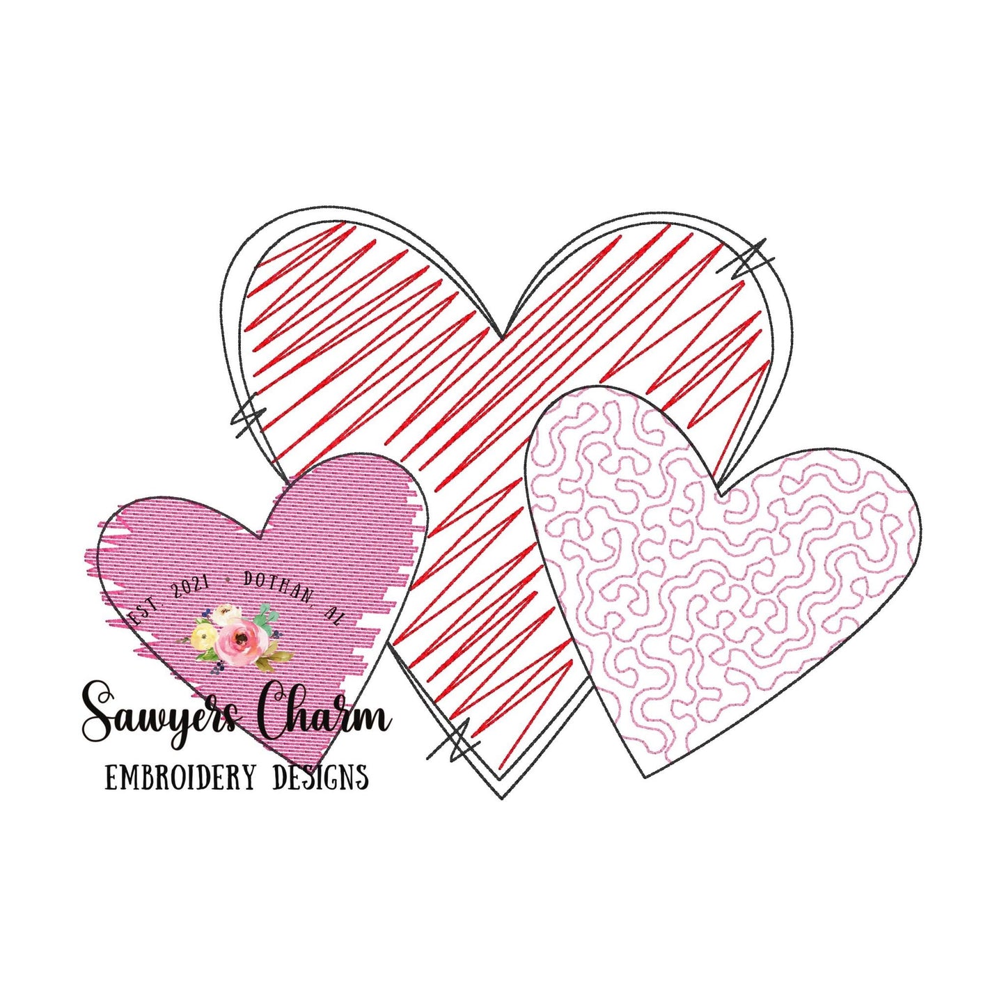 Scribble hearts trio sketch stitch, machine embroidery design file, winter, Valentine's Day, love, hugs and kisses, quick stitch