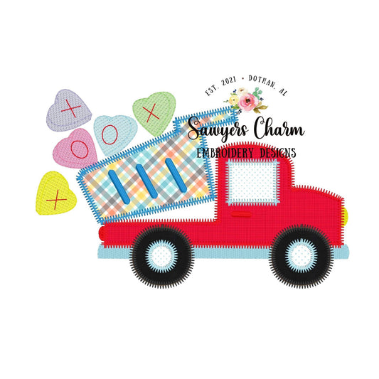 Conversation candy hearts dump truck zigzag stitch machine applique embroidery design file, Valentine's Day, love, transportation vehicle