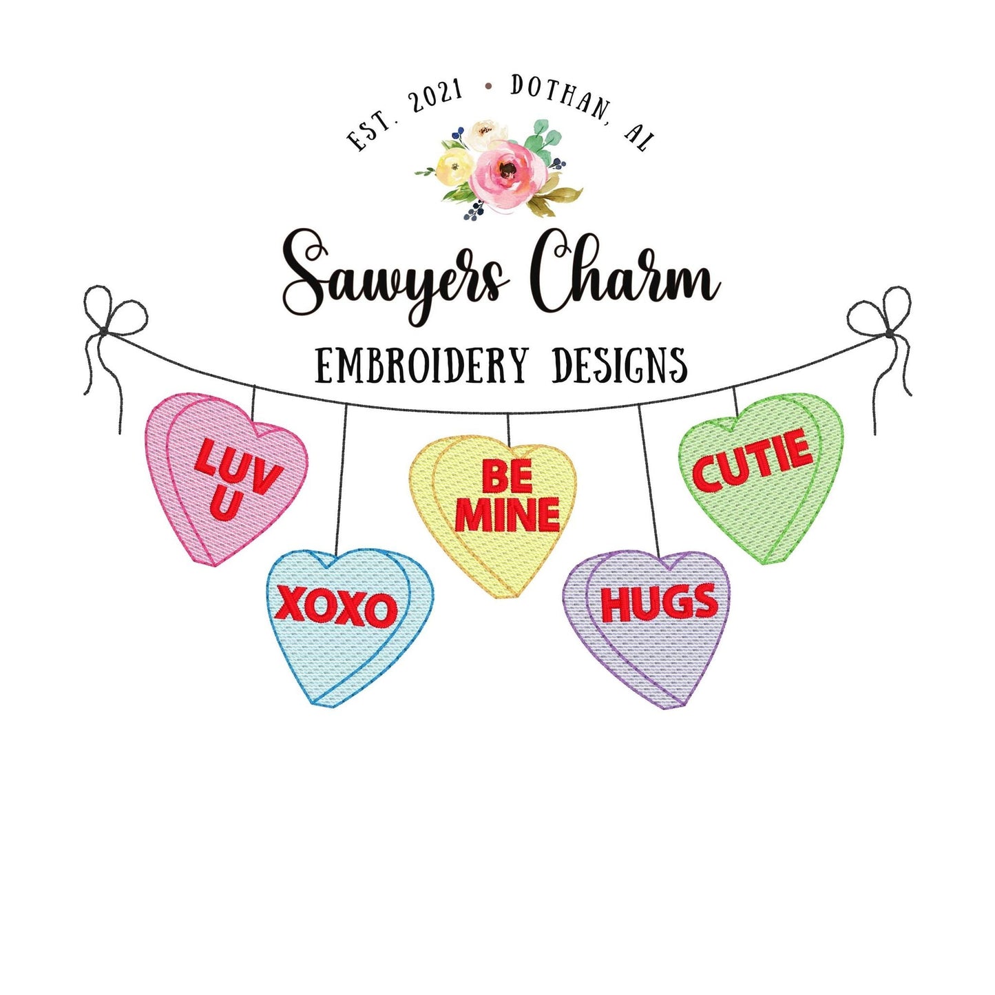 Valentine's Day conversation candy hearts bunting banner sketch stitch machine embroidery design file, quick stitch, bean stitch, love