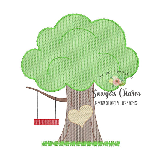 Valentine's Day carved heart in tree with swing, sketch stitch, machine embroidery design file, holidays, love, XOXO, hugs & kisses, be mine