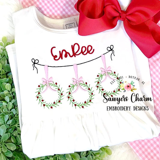 Wreath trio with bows bunting banner bean stitch, machine embroidery design file, satin stitch, holidays Christmas, floral winter wonderland