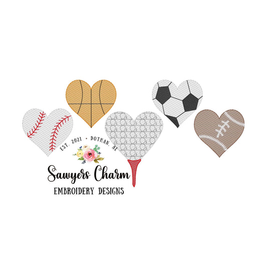 Build your own sports heart shaped balls sketch stitch machine embroidery design file, golf, football, basketball, baseball, soccer