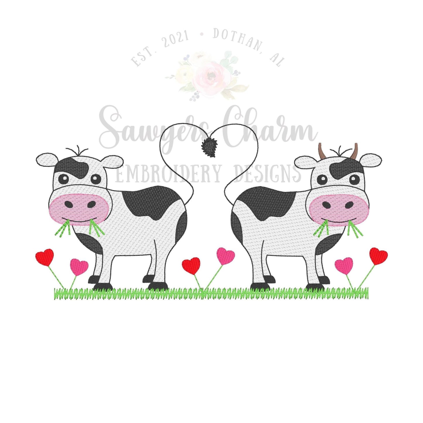 Valentine's Day Cows with hearts/flowers sketch stitch machine embroidery design file, quick stitch, bean stitch, love, farm animals, XOXO