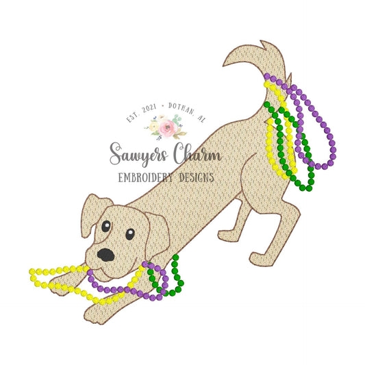 Mardi gras dog with beads/necklace sketch stitch machine embroidery design file, quick stitch, puppy, doggies